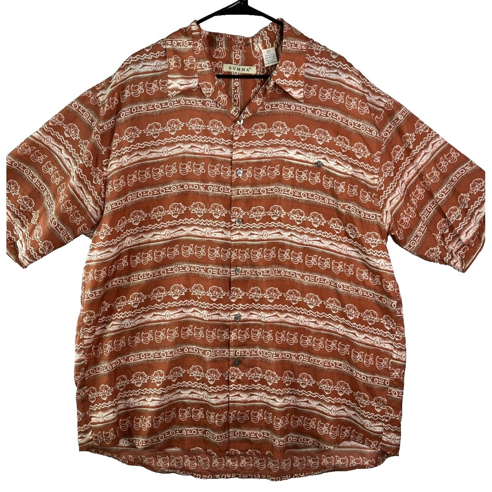 Mens Summa SILK‎ Blend Hawaiian Print Short Sleeve Collared Button Down Shirt XL